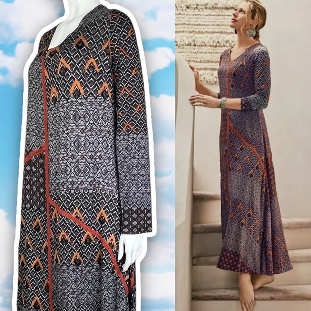 Soft Surroundings Black and Rust Geometric Maxi Dress
